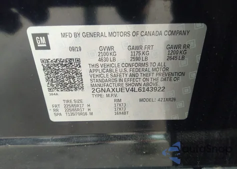 2020 Chevrolet Equinox Awd Lt 1.5L Turbo from USA, damaged, VIN 2GNAXUEV4L6143922